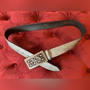 Silver and Black Leather Belt with Decorative Buckle